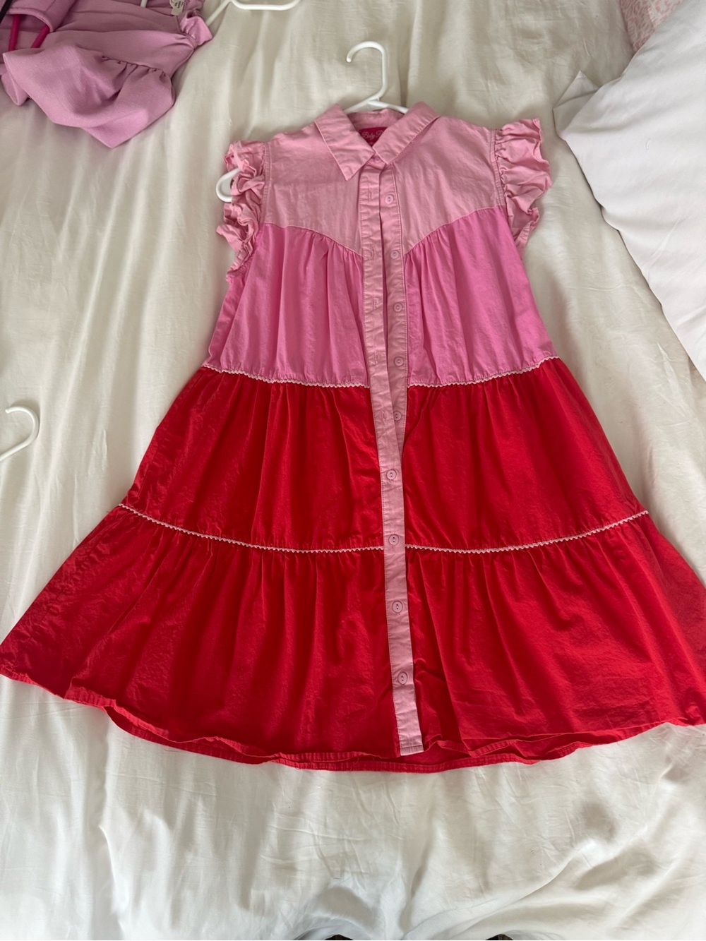 💕 Pink & Red Tiered Button-Front Dress A-Line Style Flowy Midi Dress